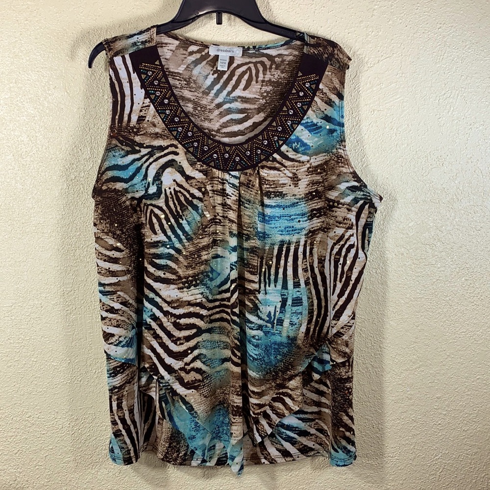 dressbarn Top Blouse 14/16 Brown Cream Embellished